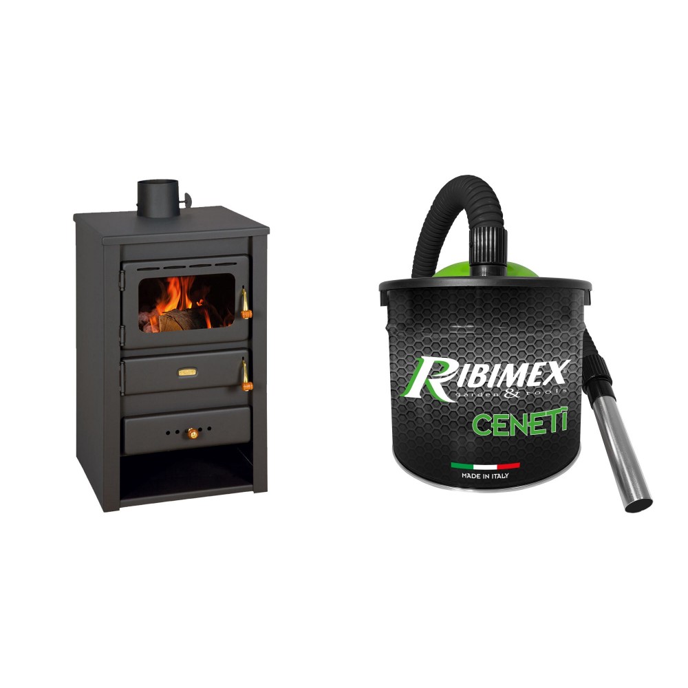 Set Kaminofen, Holzofen Prity, Modell K22, Leistung 10.4kW + Elektrischer Aschesauger Ribimex, Modell Cenetì, Fassungsvermögen 15 L