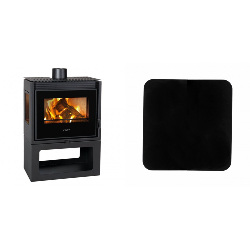 Set Kaminofen, Holzofen Prity, Modell PM3 E, Leistung 10.8kW, Panoramablick + Funkenschutzplatte Stahl 2mm, Größe 98x98cm | Holzofen | Kaminofen |
