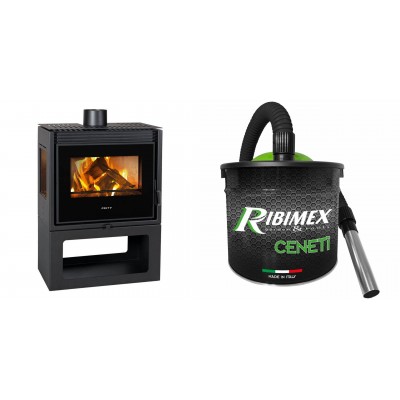 Set Kaminofen, Holzofen Prity, Modell PM3 E, Leistung 10.8kW, Panoramablick + Elektrischer Aschesauger Ribimex, Modell Cenetì, Fassungsvermögen 15 L - Prity