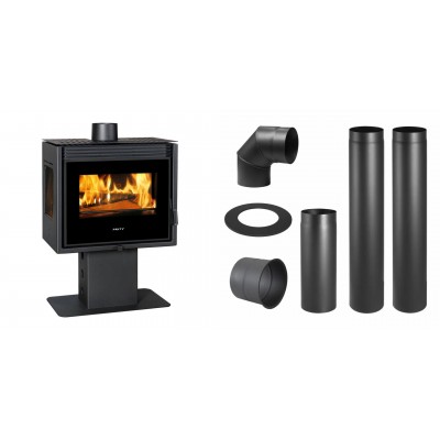 Set Holzofen Prity, Modell PM3L E, Leistung 10.8kW, mit Standfuß, Panoramablick + Schornstein Bausatz PARKANEX, Stahl Ø150, Dicke 2mm - Prity