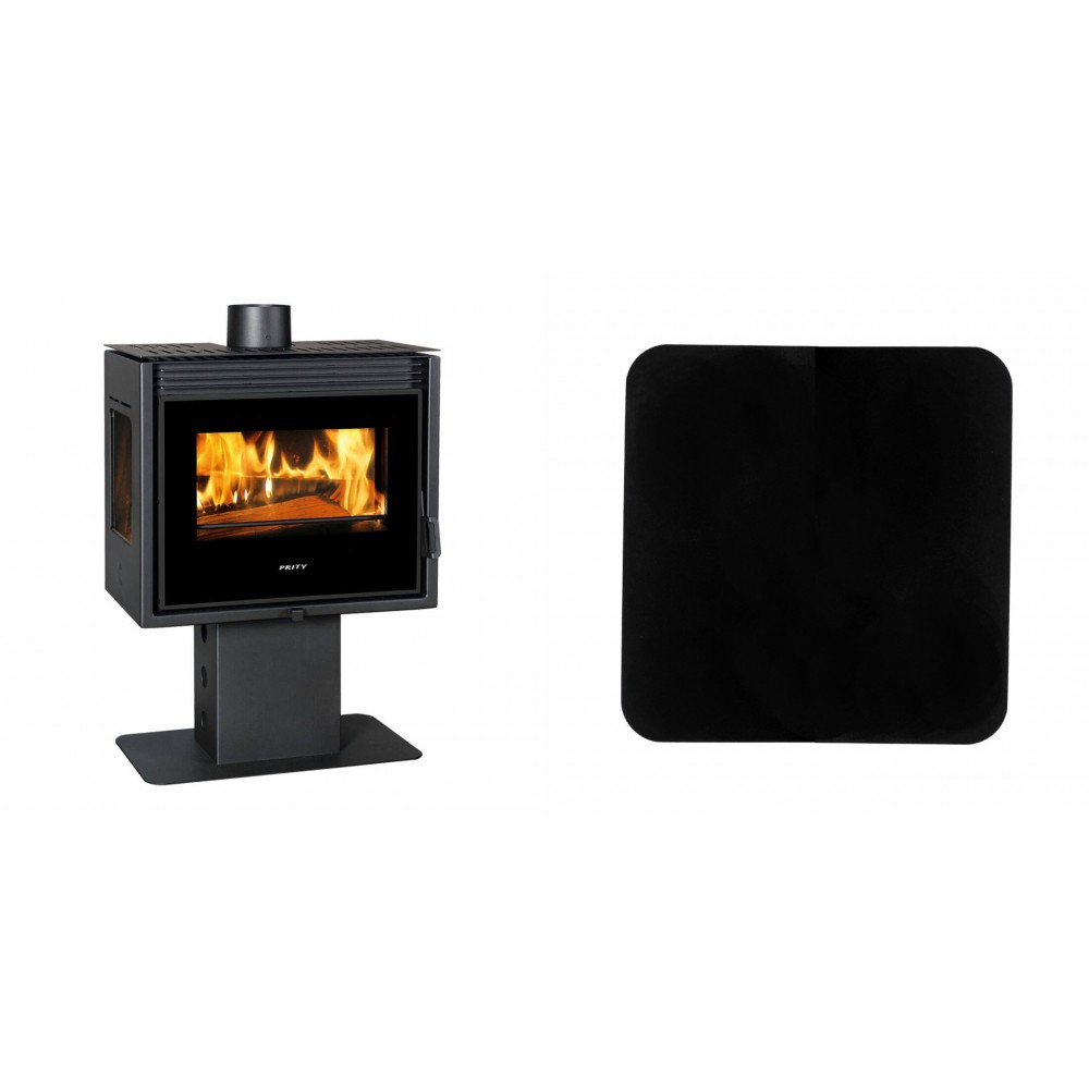 Set Holzofen Prity, Modell PM3L E, Leistung 10.8kW, mit Standfuß, Panoramablick + Funkenschutzplatte Stahl 2mm, Größe 98x98cm
