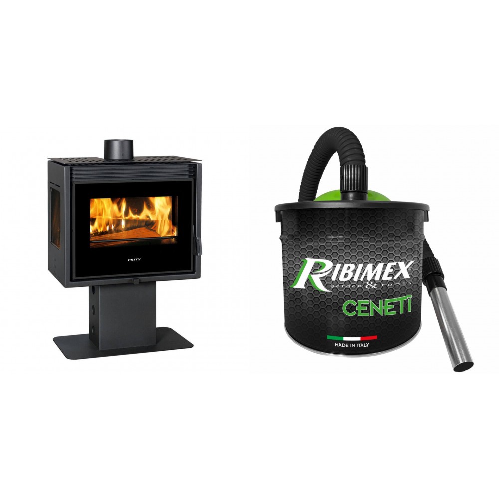 Set Holzofen Prity, Modell PM3L E, Leistung 10.8kW, mit Standfuß, Panoramablick + Elektrischer Aschesauger Ribimex, Modell Cenetì, Fassungsvermögen 15 L | Holzofen | Kaminofen |