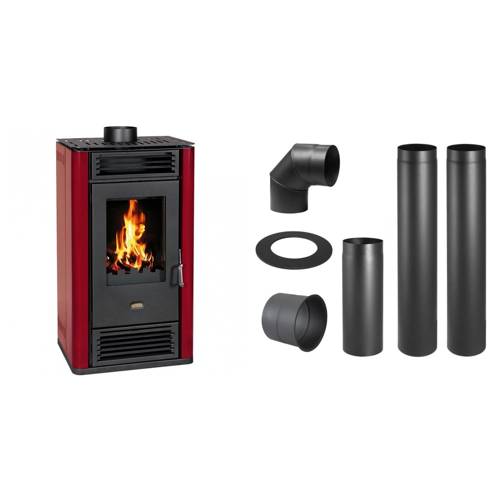 Set Kaminofen, Holzofen Prity K3 GT D Rot, 8.1 kW + Schornstein Bausatz PARKANEX, Stahl Ø150, Dicke 2mm