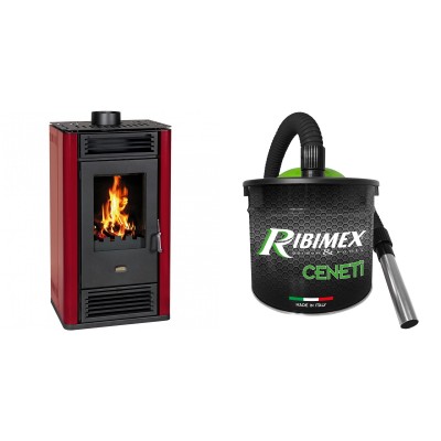 Set Kaminofen, Holzofen Prity K3 GT D Rot, 8.1 kW + Elektrischer Aschesauger Ribimex, Modell Cenetì, Fassungsvermögen 15 L - Prity