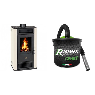Set Kaminofen, Holzofen Prity K3 GT D, 8.1 kW + Elektrischer Aschesauger Ribimex, Modell Cenetì, Fassungsvermögen 15 L - Prity