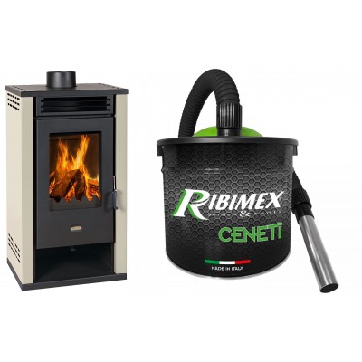 Set Kaminofen, Holzofen Prity K2 GT, 8.1 kW + Elektrischer Aschesauger Ribimex, Modell Cenetì, Fassungsvermögen 15 L - Prity