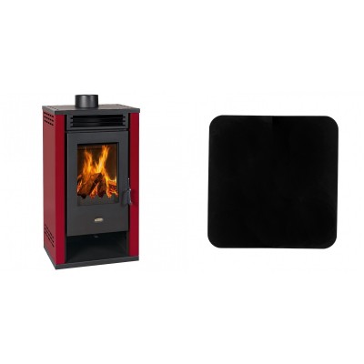 Set Kaminofen, Holzofen Prity K2 GT Rot, 8.1 kW + Funkenschutzplatte Stahl 2mm, Größe 98x98cm - Prity