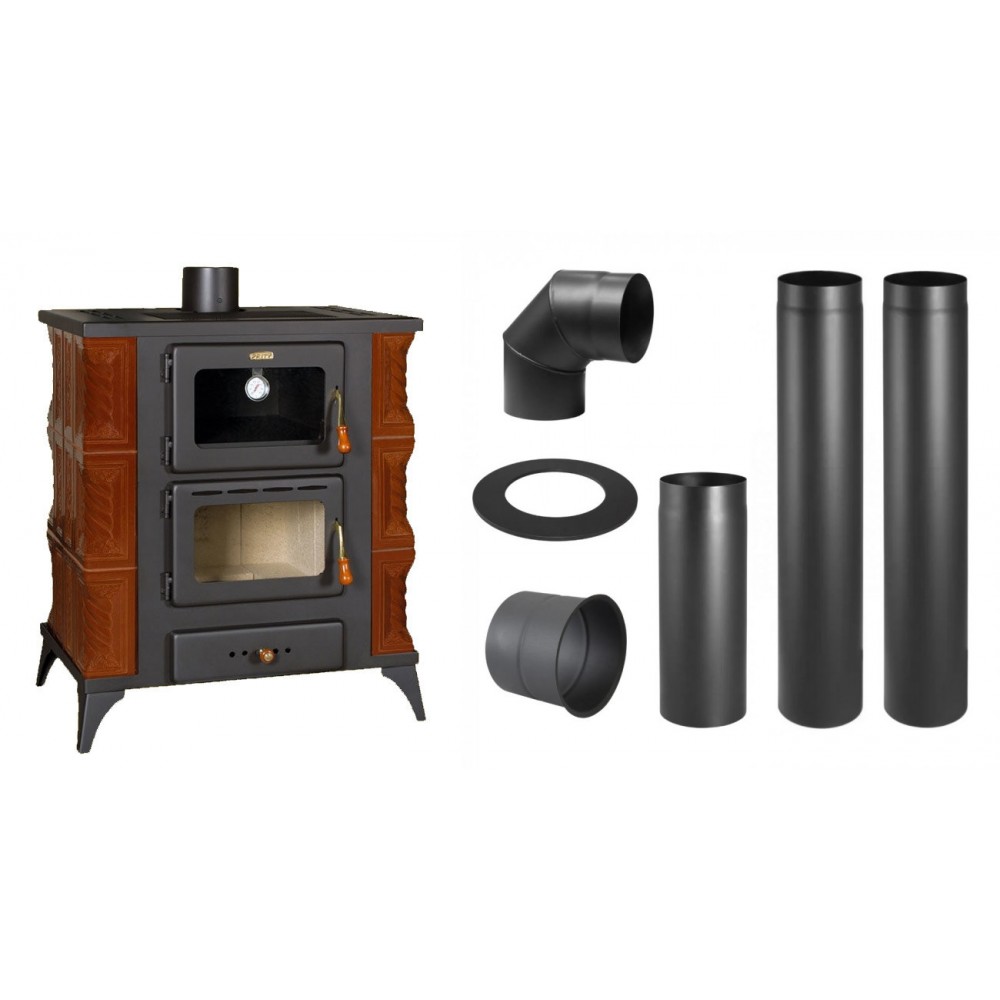Set Kaminofen, Holzofen mit Backfach Prity, Modell FMS RK Braun, Leistung 12kW, Keramikverkleidung, Füße + Schornstein Bausatz PARKANEX, Stahl Ø130, Dicke 2mm