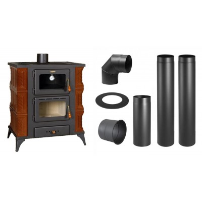 Set Kaminofen, Holzofen mit Backfach Prity, Modell FMS RK Braun, Leistung 12kW, Keramikverkleidung, Füße + Schornstein Bausatz PARKANEX, Stahl Ø130, Dicke 2mm - Kaminofen - Holzofen mit Backfach