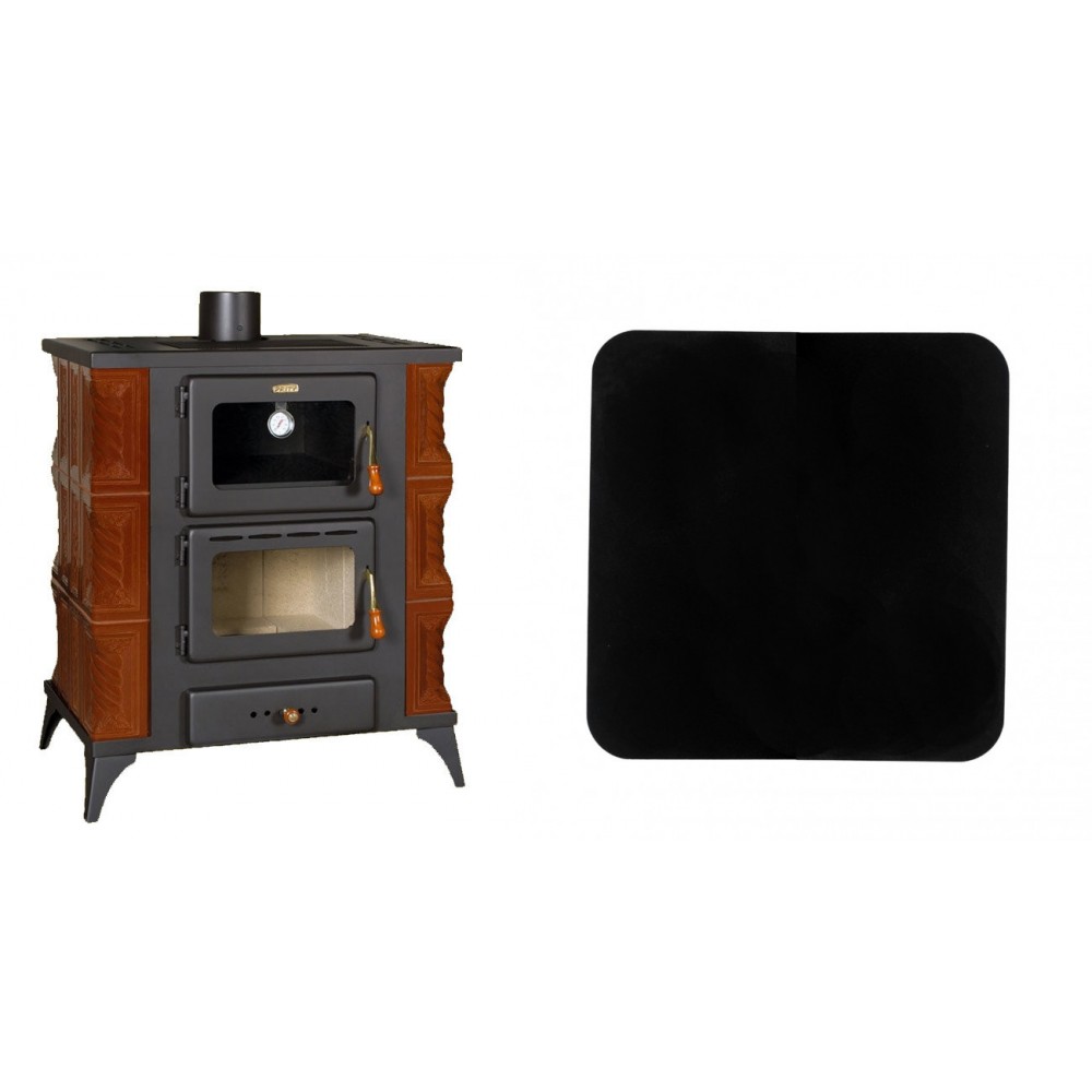 Set Kaminofen, Holzofen mit Backfach Prity, Modell FMS RK Braun, Leistung 12kW, Keramikverkleidung, Füße + Funkenschutzplatte Stahl 2mm, Größe 98x98cm