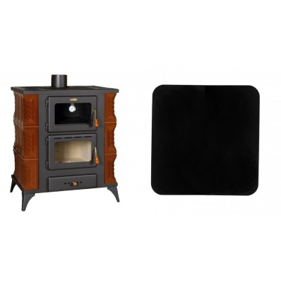 Set Kaminofen, Holzofen mit Backfach Prity, Modell FMS RK Braun, Leistung 12kW, Keramikverkleidung, Füße + Funkenschutzplatte Stahl 2mm, Größe 98x98cm - Kaminofen - Holzofen mit Backfach