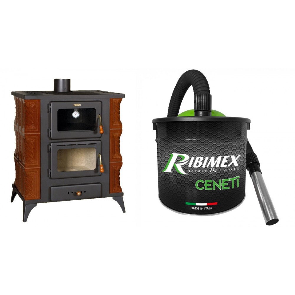 Set Kaminofen, Holzofen mit Backfach Prity, Modell FMS RK Braun, Leistung 12kW, Keramikverkleidung, Füße + Elektrischer Aschesauger Ribimex, Modell Cenetì, Fassungsvermögen 15 L