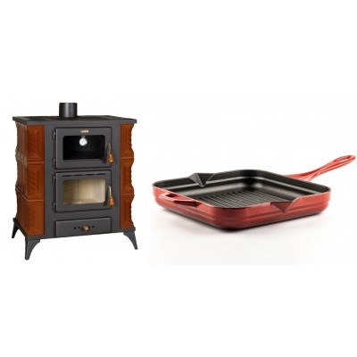 Set Kaminofen, Holzofen mit Backfach Prity, Modell FMS RK Braun, Leistung 12kW, Keramikverkleidung, Füße + Emaillierte grillpfanne Gusseisen Solagio, Rubin, 28x28cm - Kaminofen - Holzofen mit Backfach