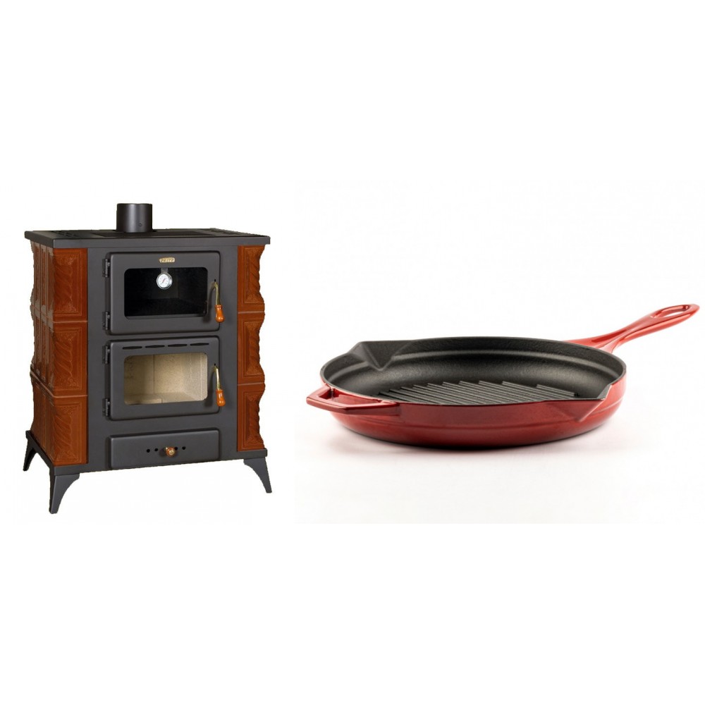 Set Kaminofen, Holzofen mit Backfach Prity, Modell FMS RK Braun, Leistung 12kW, Keramikverkleidung, Füße + Emaillierte grillpfanne Gusseisen Solagio, Rubin, Ф28cm | Holzofen | Kaminofen |