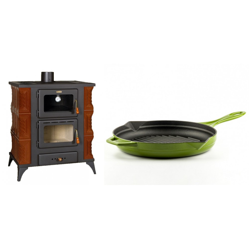 Set Kaminofen, Holzofen mit Backfach Prity, Modell FMS RK Braun, Leistung 12kW, Keramikverkleidung, Füße + Emaillierte grillpfanne Gusseisen Solagio, Bamboo, Ф28cm | Holzofen | Kaminofen |