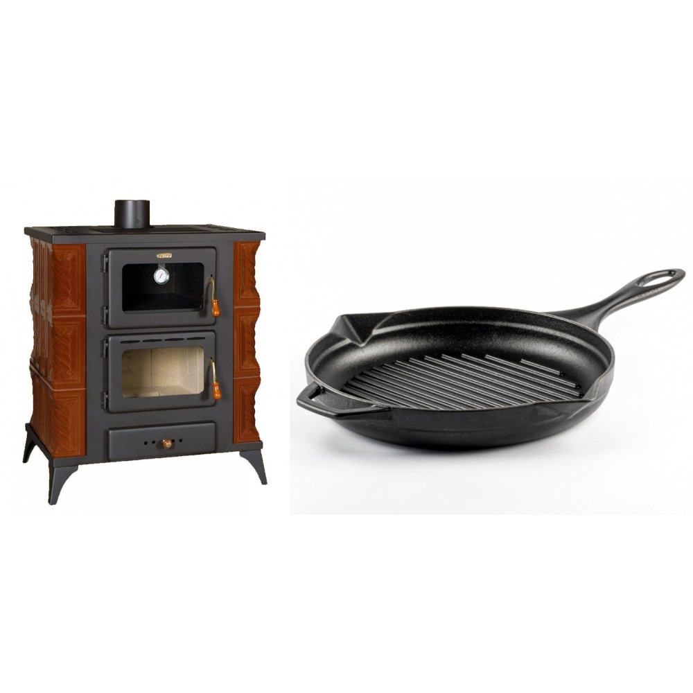 Set Kaminofen, Holzofen mit Backfach Prity, Modell FMS RK Braun, Leistung 12kW, Keramikverkleidung, Füße + Emaillierte grillpfanne Gusseisen Solagio, Black Onyx, Ф28cm