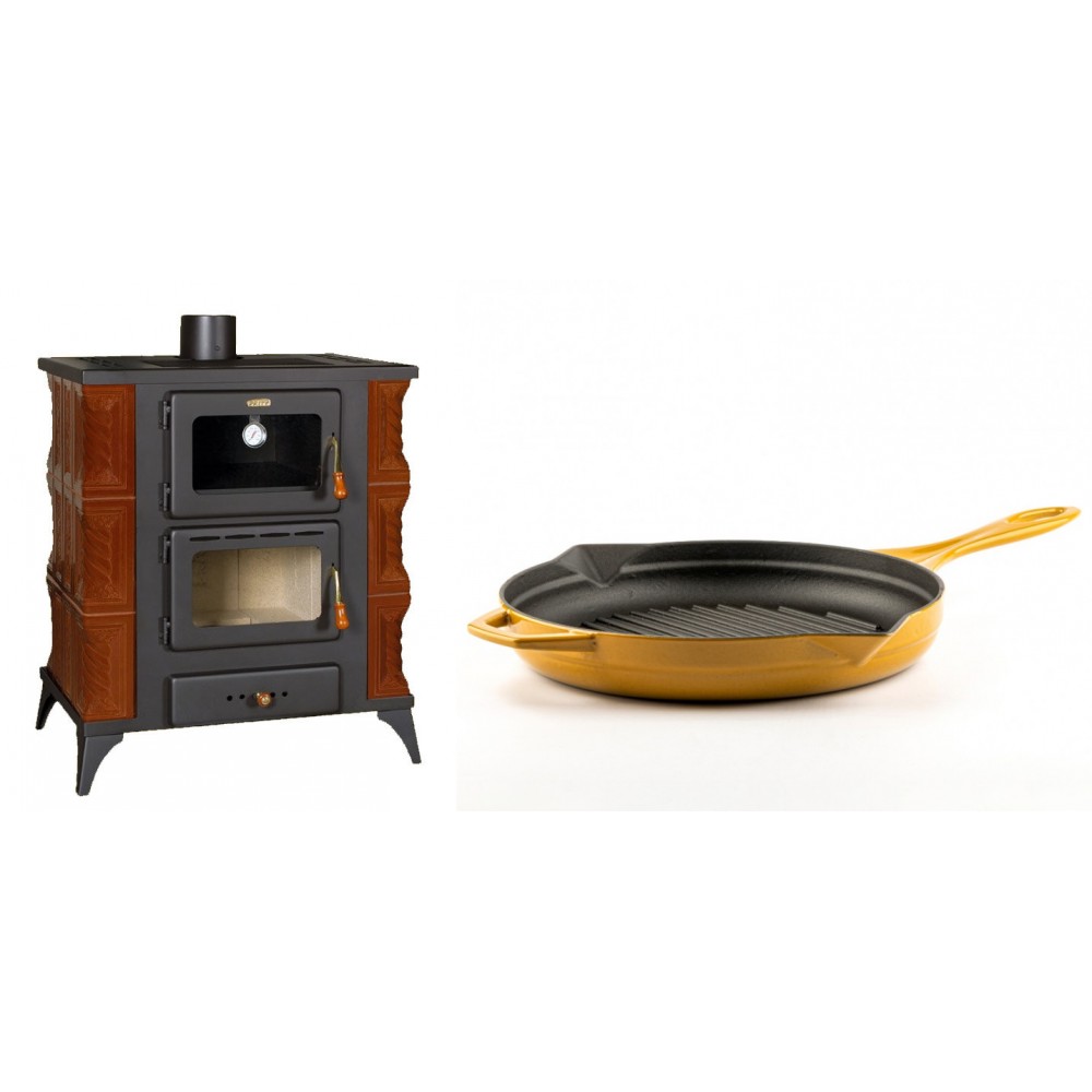 Set Kaminofen, Holzofen mit Backfach Prity, Modell FMS RK Braun, Leistung 12kW, Keramikverkleidung, Füße + Emaillierte grillpfanne Gusseisen Solagio, Dijon, Ф28cm