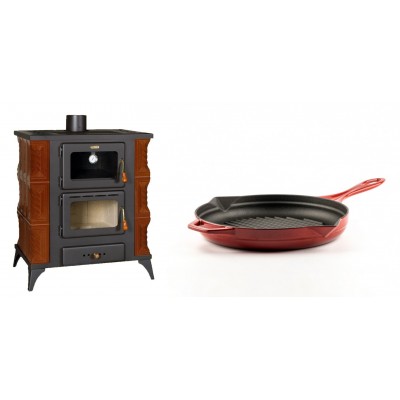 Set Kaminofen, Holzofen mit Backfach Prity, Modell FMS RK Braun, Leistung 12kW, Keramikverkleidung, Füße + Emaillierte grillpfanne Gusseisen Solagio, Rubin, Ф24cm - Kaminofen - Holzofen mit Backfach