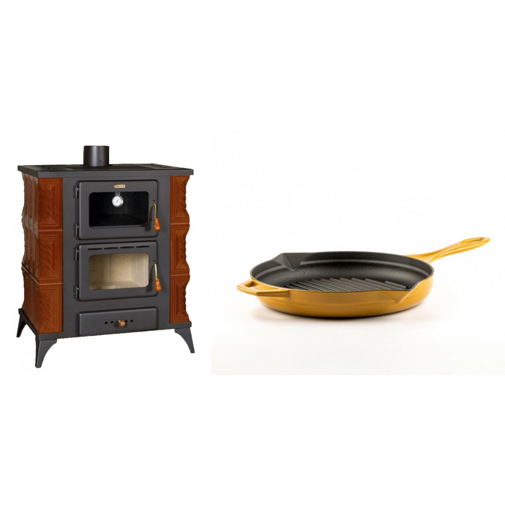Set Kaminofen, Holzofen mit Backfach Prity, Modell FMS RK Braun, Leistung 12kW, Keramikverkleidung, Füße + Emaillierte grillpfanne Gusseisen Solagio, Dijon, Ф24cm | Holzofen | Kaminofen |