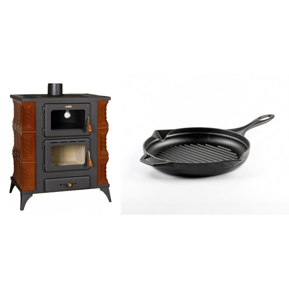 Set Kaminofen, Holzofen mit Backfach Prity, Modell FMS RK Braun, Leistung 12kW, Keramikverkleidung, Füße + Emaillierte grillpfanne Gusseisen Solagio, Black Onyx, Ф24cm | Holzofen | Kaminofen |