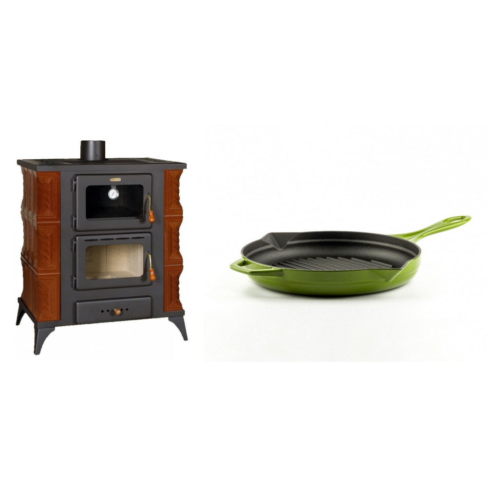 Set Kaminofen, Holzofen mit Backfach Prity, Modell FMS RK Braun, Leistung 12kW, Keramikverkleidung, Füße + Emaillierte grillpfanne Gusseisen Solagio, Bamboo, Ф24cm | Holzofen | Kaminofen |