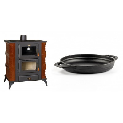 Set Kaminofen, Holzofen mit Backfach Prity, Modell FMS RK Braun, Leistung 12kW, Keramikverkleidung, Füße + Emaillierte gusseisenpfanne mit zwei Griffen Solagio, Black Onyx, Ф22cm - Kaminofen - Holzofen mit Backfach