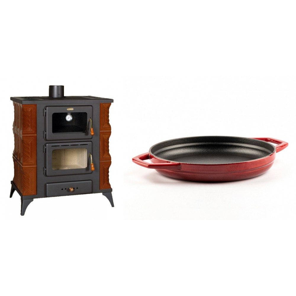 Set Kaminofen, Holzofen mit Backfach Prity, Modell FMS RK Braun, Leistung 12kW, Keramikverkleidung, Füße + Emaillierte gusseisenpfanne mit zwei Griffen Solagio, Rubin, Ф22cm | Holzofen | Kaminofen |