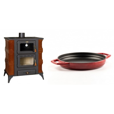 Set Kaminofen, Holzofen mit Backfach Prity, Modell FMS RK Braun, Leistung 12kW, Keramikverkleidung, Füße + Emaillierte gusseisenpfanne mit zwei Griffen Solagio, Rubin, Ф22cm - Kaminofen - Holzofen mit Backfach