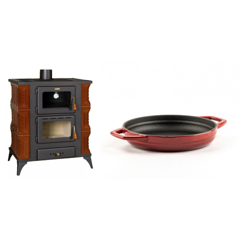 Set Kaminofen, Holzofen mit Backfach Prity, Modell FMS RK Braun, Leistung 12kW, Keramikverkleidung, Füße + Emaillierte gusseisenpfanne mit zwei Griffen Solagio, Rubin, Ф19cm