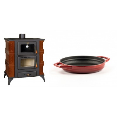 Set Kaminofen, Holzofen mit Backfach Prity, Modell FMS RK Braun, Leistung 12kW, Keramikverkleidung, Füße + Emaillierte gusseisenpfanne mit zwei Griffen Solagio, Rubin, Ф19cm - Kaminofen - Holzofen mit Backfach