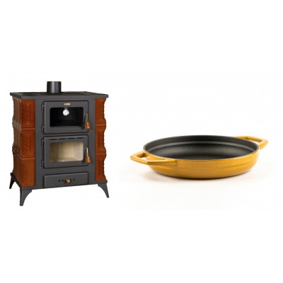 Set Kaminofen, Holzofen mit Backfach Prity, Modell FMS RK Braun, Leistung 12kW, Keramikverkleidung, Füße + Emaillierte gusseisenpfanne mit zwei Griffen Solagio, Dijon, Ф19cm - Kaminofen - Holzofen mit Backfach