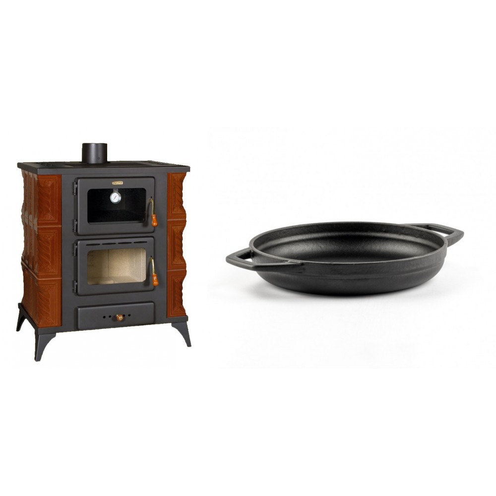 Set Kaminofen, Holzofen mit Backfach Prity, Modell FMS RK Braun, Leistung 12kW, Keramikverkleidung, Füße + Emaillierte gusseisenpfanne mit zwei Griffen Solagio, Black Onyx, Ф19cm | Holzofen | Kaminofen |
