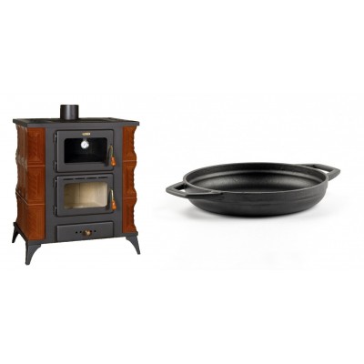 Set Kaminofen, Holzofen mit Backfach Prity, Modell FMS RK Braun, Leistung 12kW, Keramikverkleidung, Füße + Emaillierte gusseisenpfanne mit zwei Griffen Solagio, Black Onyx, Ф19cm - Kaminofen - Holzofen mit Backfach