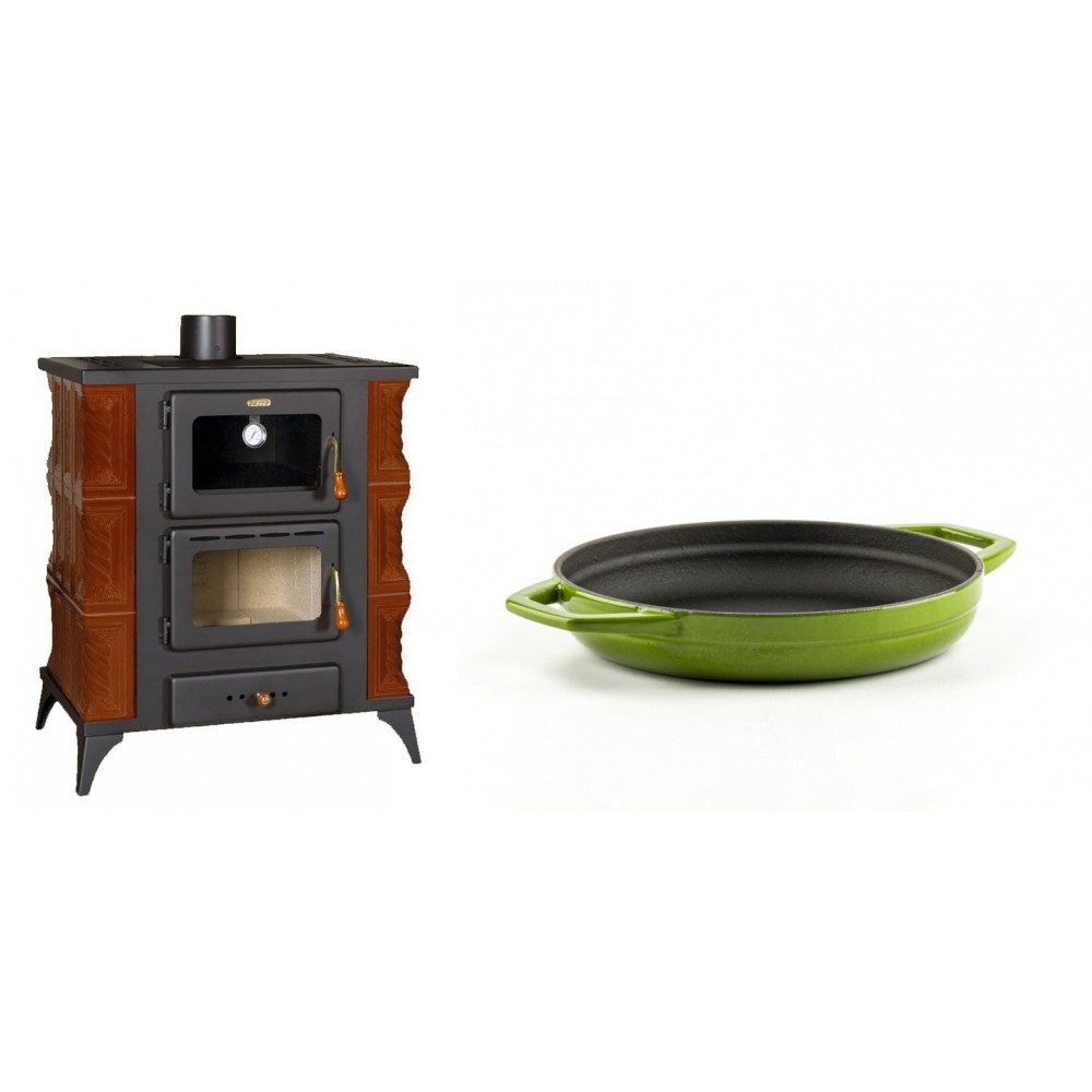 Set Kaminofen, Holzofen mit Backfach Prity, Modell FMS RK Braun, Leistung 12kW, Keramikverkleidung, Füße + Emaillierte gusseisenpfanne mit zwei Griffen Solagio, Bamboo, Ф19cm | Holzofen | Kaminofen |