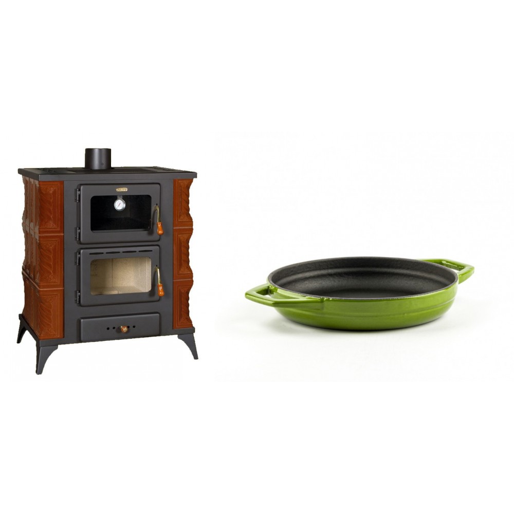 Set Kaminofen, Holzofen mit Backfach Prity, Modell FMS RK Braun, Leistung 12kW, Keramikverkleidung, Füße + Emaillierte gusseisenpfanne mit zwei Griffen Solagio, Bamboo, Ф16cm