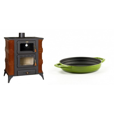 Set Kaminofen, Holzofen mit Backfach Prity, Modell FMS RK Braun, Leistung 12kW, Keramikverkleidung, Füße + Emaillierte gusseisenpfanne mit zwei Griffen Solagio, Bamboo, Ф16cm - Kaminofen - Holzofen mit Backfach
