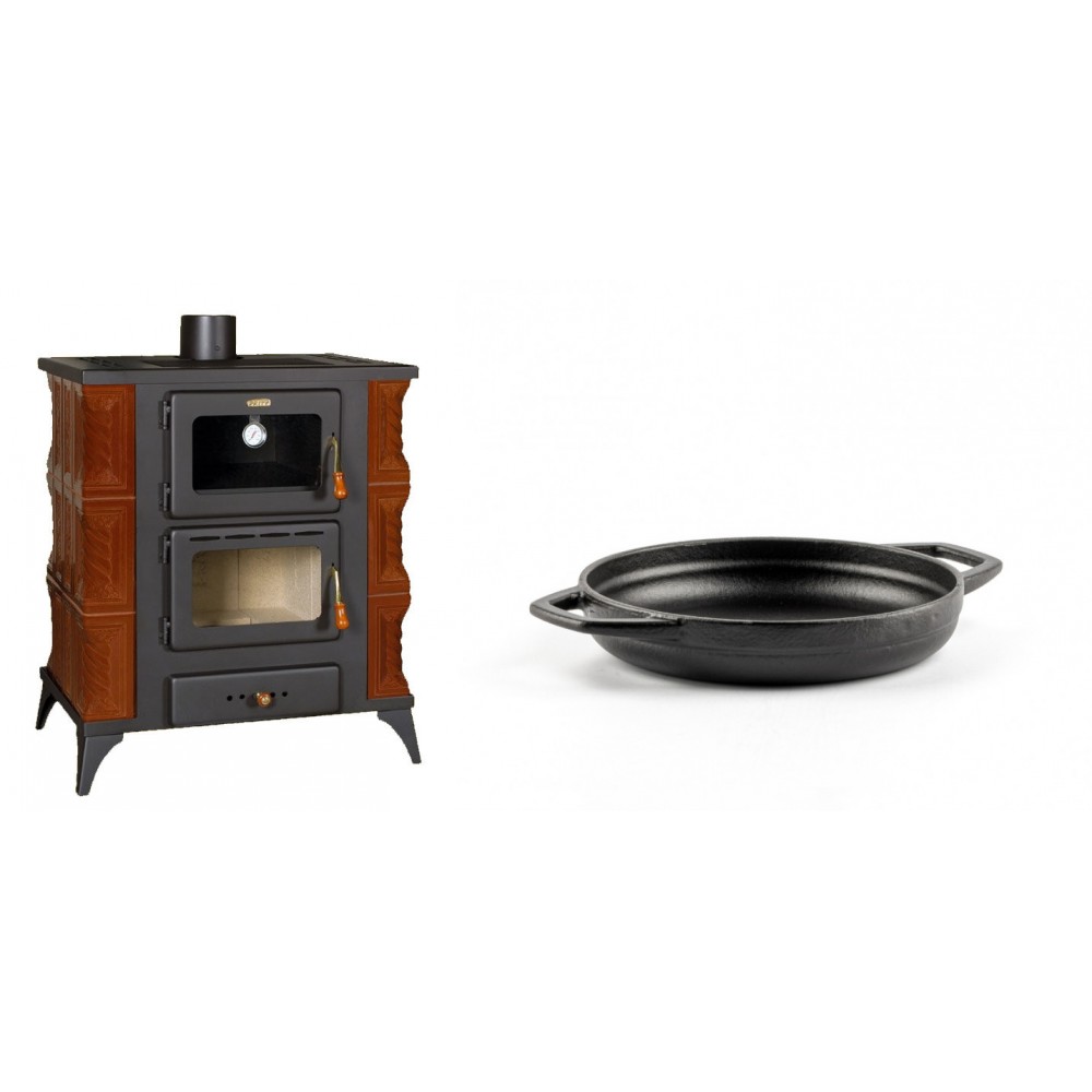 Set Kaminofen, Holzofen mit Backfach Prity, Modell FMS RK Braun, Leistung 12kW, Keramikverkleidung, Füße + Emaillierte gusseisenpfanne mit zwei Griffen Solagio, Black Onyx, Ф16cm | Holzofen | Kaminofen |