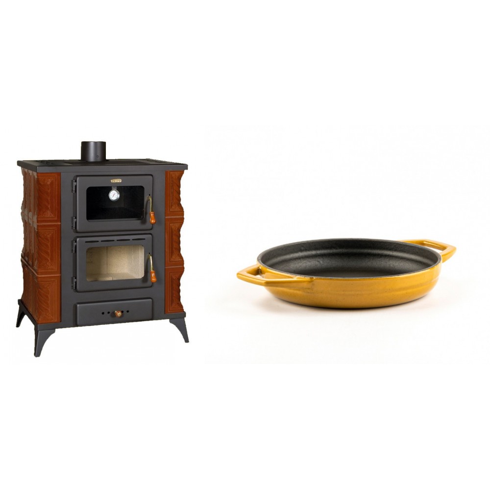 Set Kaminofen, Holzofen mit Backfach Prity, Modell FMS RK Braun, Leistung 12kW, Keramikverkleidung, Füße + Emaillierte gusseisenpfanne mit zwei Griffen Solagio, Dijon, Ф16cm | Holzofen | Kaminofen |