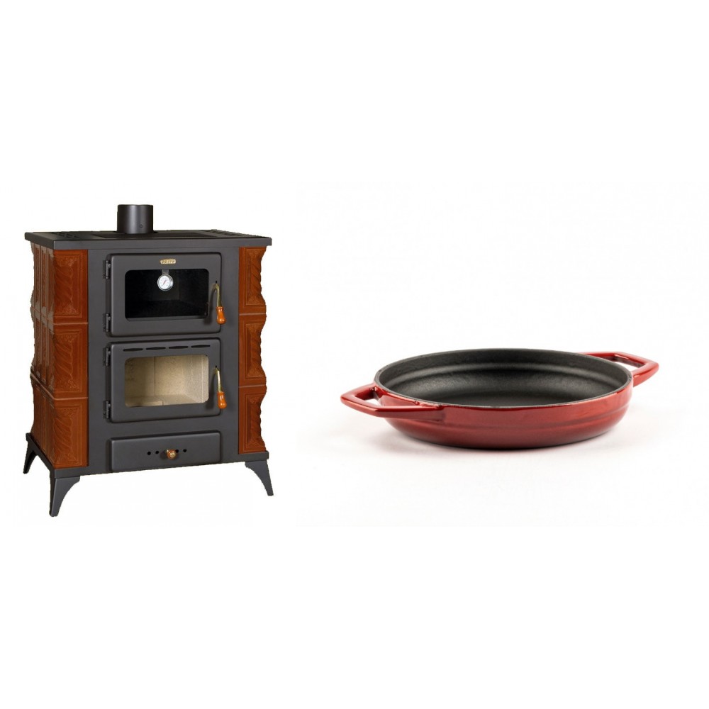 Set Kaminofen, Holzofen mit Backfach Prity, Modell FMS RK Braun, Leistung 12kW, Keramikverkleidung, Füße + Emaillierte gusseisenpfanne mit zwei Griffen Solagio, Rubin, Ф16cm