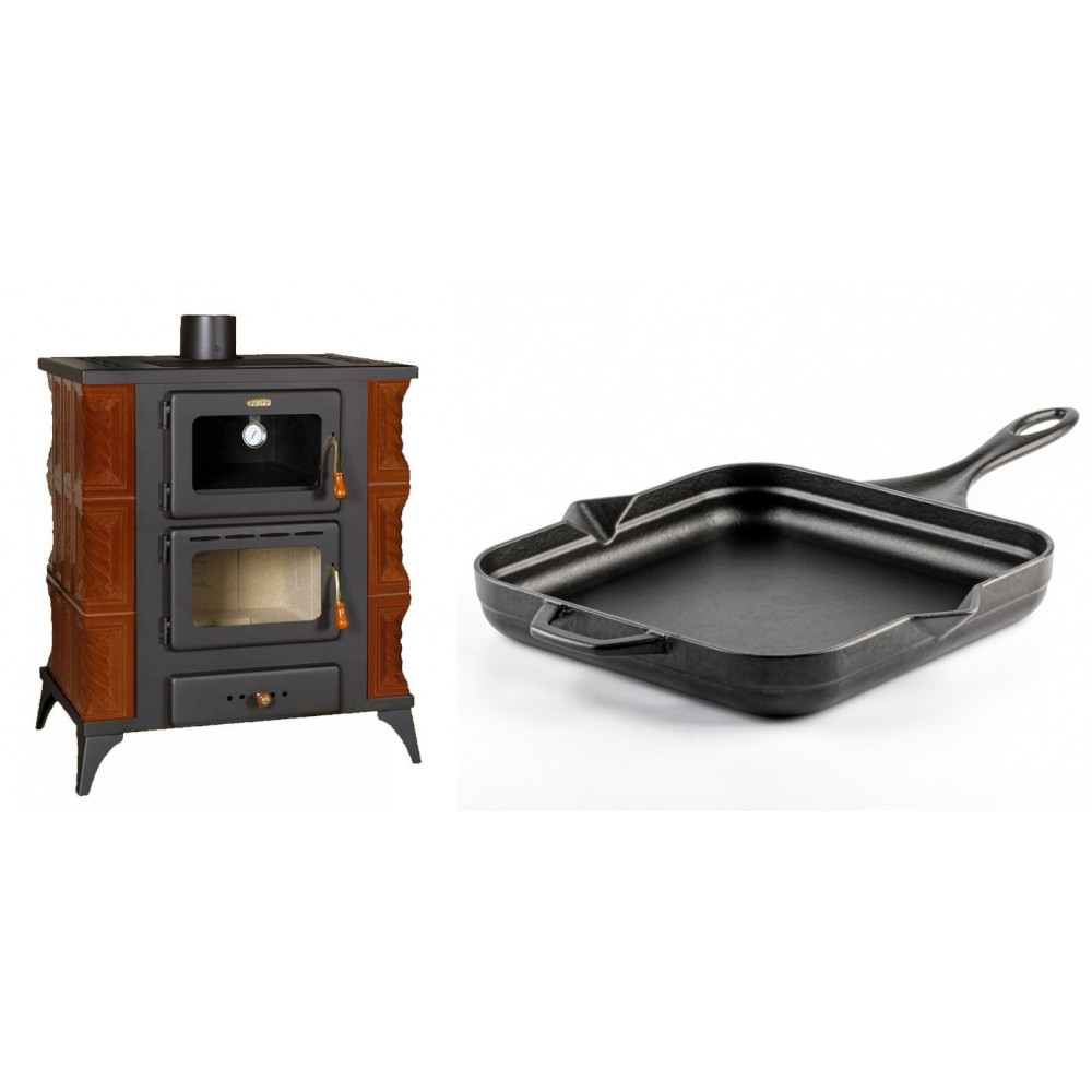 Set Kaminofen, Holzofen mit Backfach Prity, Modell FMS RK Braun, Leistung 12kW, Keramikverkleidung, Füße + Emaillierte Gusseisenpfanne Solagio, Black Onyx, 28x28cm | Holzofen | Kaminofen |