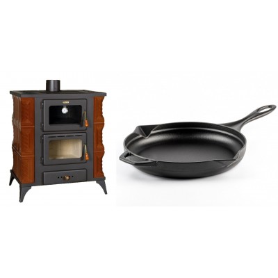 Set Kaminofen, Holzofen mit Backfach Prity, Modell FMS RK Braun, Leistung 12kW, Keramikverkleidung, Füße + Emaillierte Gusseisenpfanne Solagio, Black Onyx, Ф28cm - Kaminofen - Holzofen mit Backfach