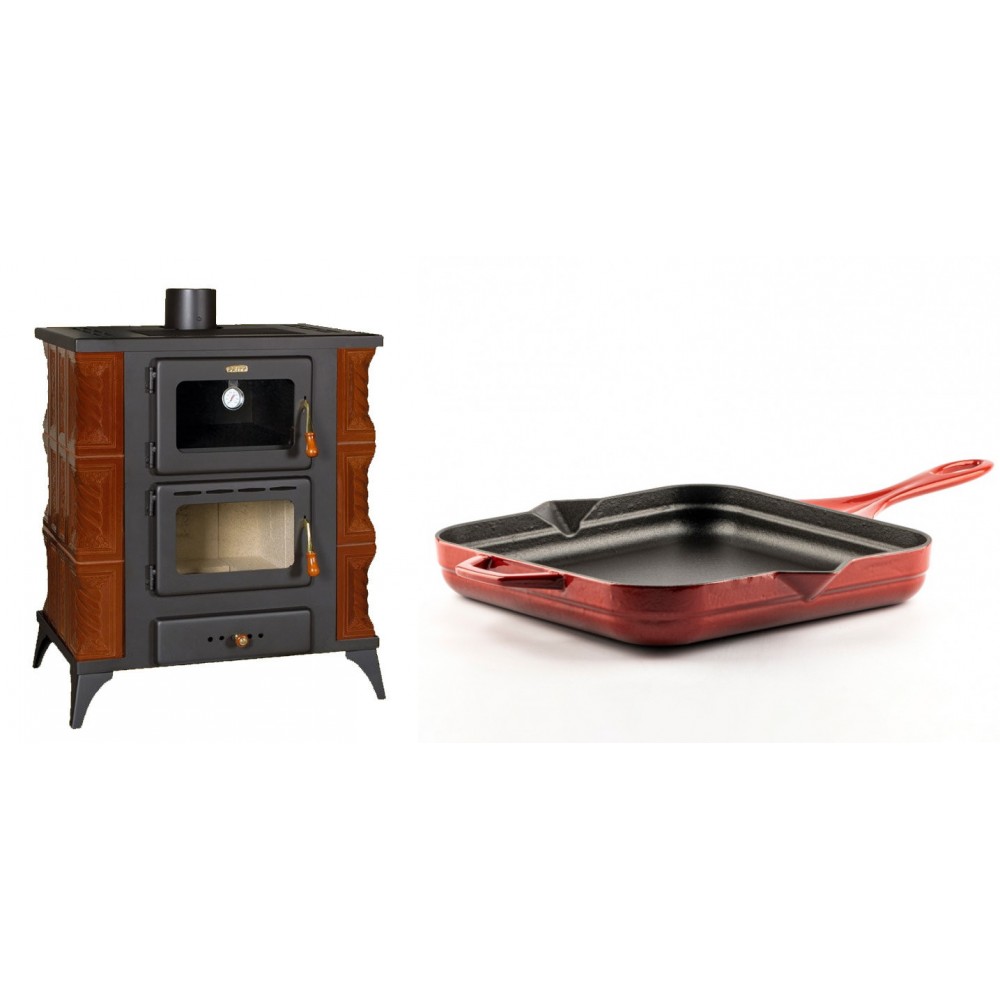 Set Kaminofen, Holzofen mit Backfach Prity, Modell FMS RK Braun, Leistung 12kW, Keramikverkleidung, Füße + Emaillierte Gusseisenpfanne Solagio, Rubin, 28x28cm