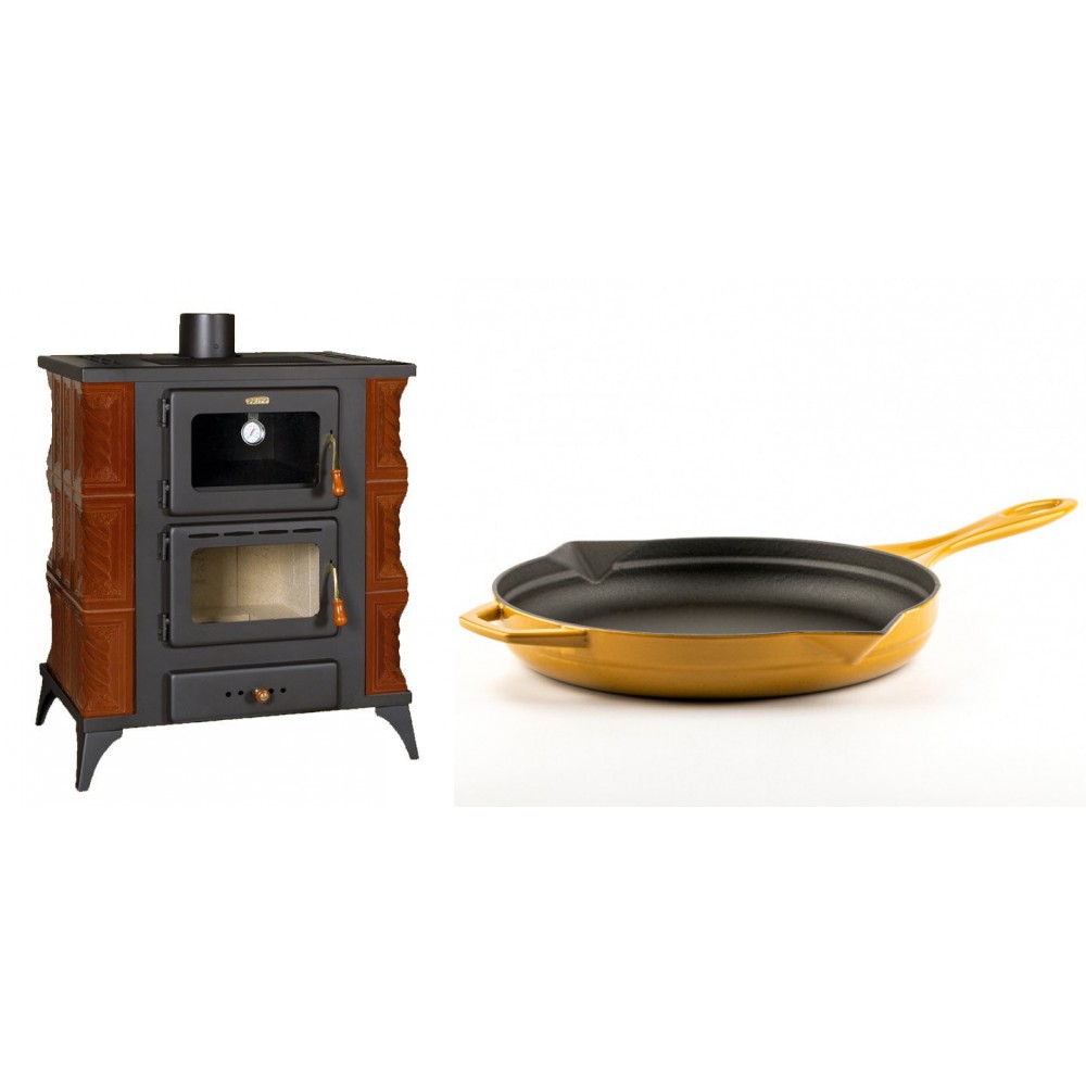 Set Kaminofen, Holzofen mit Backfach Prity, Modell FMS RK Braun, Leistung 12kW, Keramikverkleidung, Füße + Emaillierte Gusseisenpfanne Solagio, Dijon, Ф28cm