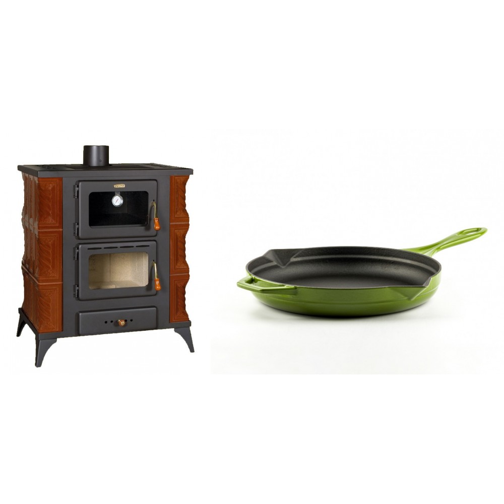 Set Kaminofen, Holzofen mit Backfach Prity, Modell FMS RK Braun, Leistung 12kW, Keramikverkleidung, Füße + Emaillierte Gusseisenpfanne Solagio, Bamboo, Ф24cm | Holzofen | Kaminofen |