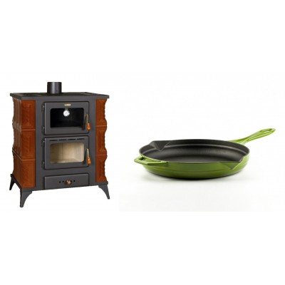 Set Kaminofen, Holzofen mit Backfach Prity, Modell FMS RK Braun, Leistung 12kW, Keramikverkleidung, Füße + Emaillierte Gusseisenpfanne Solagio, Bamboo, Ф24cm - Kaminofen - Holzofen mit Backfach