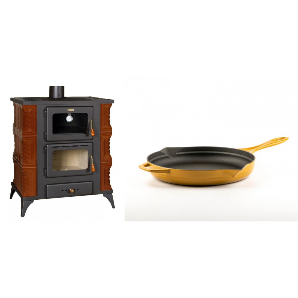 Set Kaminofen, Holzofen mit Backfach Prity, Modell FMS RK Braun, Leistung 12kW, Keramikverkleidung, Füße + Emaillierte Gusseisenpfanne Solagio, Dijon, Ф24cm | Holzofen | Kaminofen |
