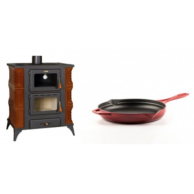 Set Kaminofen, Holzofen mit Backfach Prity, Modell FMS RK Braun, Leistung 12kW, Keramikverkleidung, Füße + Emaillierte Gusseisenpfanne Solagio, Rubin, Ф24cm - Kaminofen - Holzofen mit Backfach