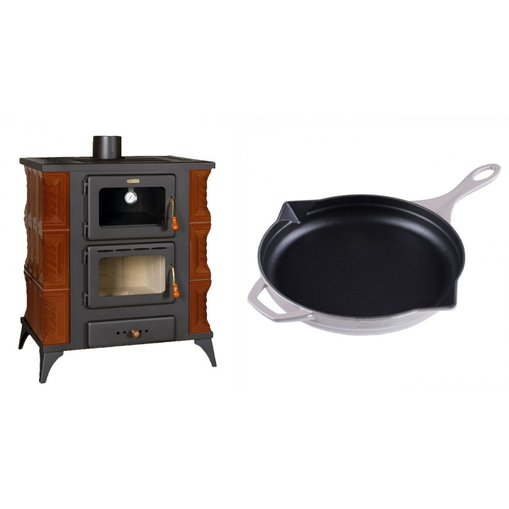 Set Kaminofen, Holzofen mit Backfach Prity, Modell FMS RK Braun, Leistung 12kW, Keramikverkleidung, Füße + Emaillierte Gusseisenpfanne Solagio, Ivory, Ф28cm