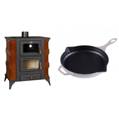 Set Kaminofen, Holzofen mit Backfach Prity, Modell FMS RK Braun, Leistung 12kW, Keramikverkleidung, Füße + Emaillierte Gusseisenpfanne Solagio, Ivory, Ф28cm - Kaminofen - Holzofen mit Backfach