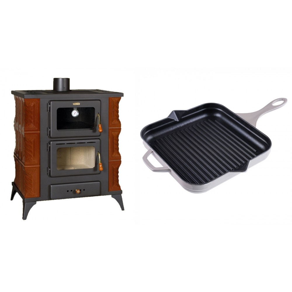 Set Kaminofen, Holzofen mit Backfach Prity, Modell FMS RK Braun, Leistung 12kW, Keramikverkleidung, Füße + Emaillierte grillpfanne Gusseisen Solagio, Ivory, 28x28cm